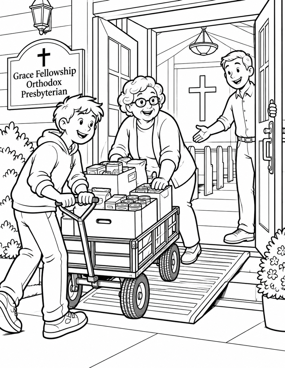 A teen and older adult carefully steer a loaded pantry wagon over a short threshold ramp while a greeter holds the church door wide.