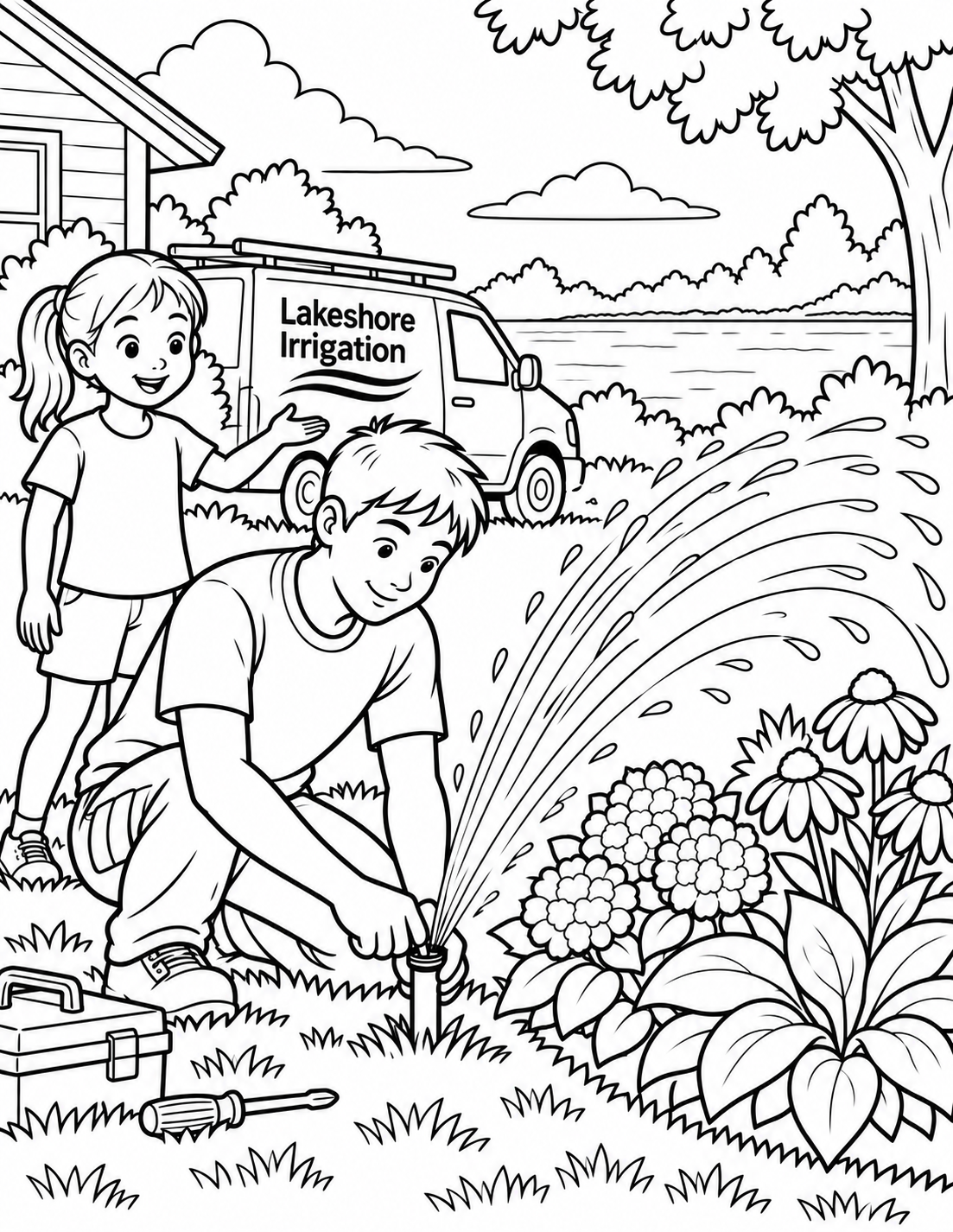 A child watches a sprinkler begin watering flowers while a worker adjusts it beside an irrigation service van.