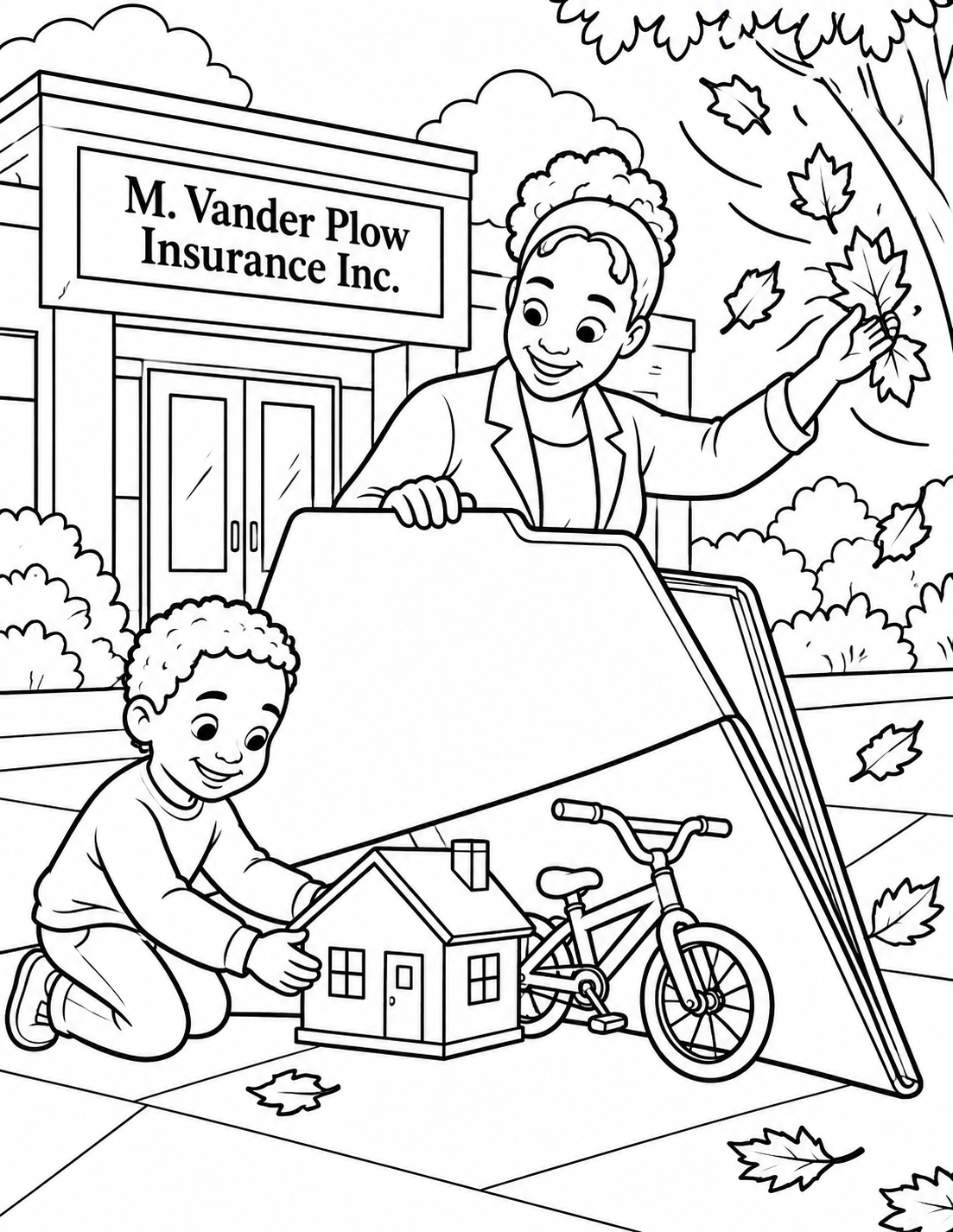 A child slides a paper house and bicycle beneath one giant open policy folder as an adult catches windblown leaves along the folder edge.