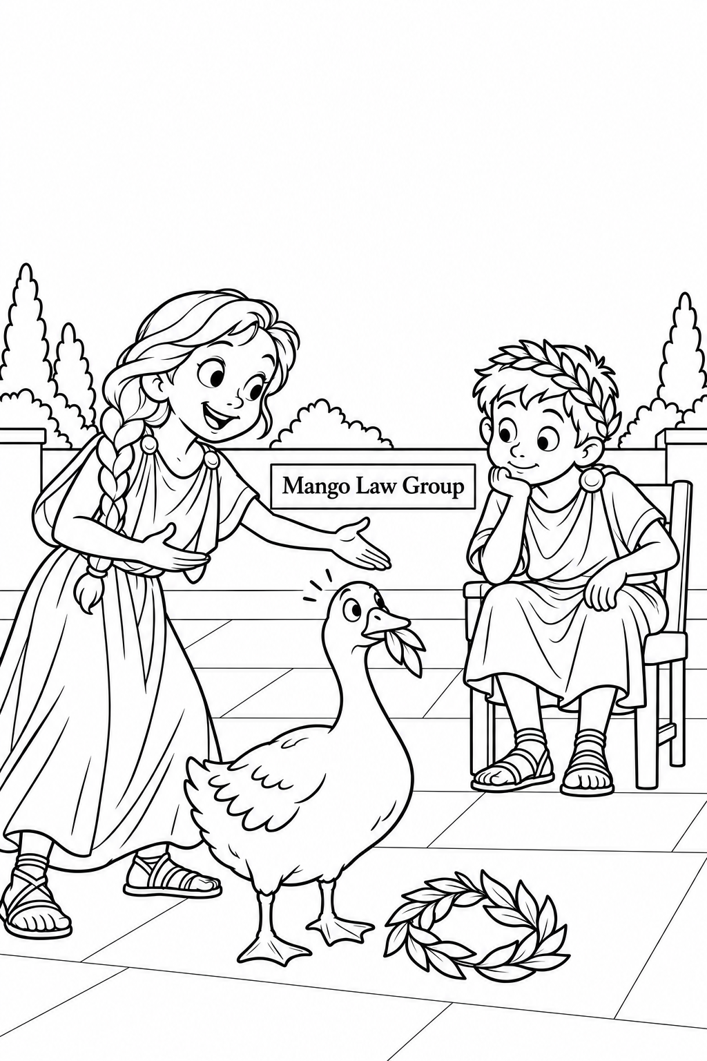 A girl presents a goose with a stolen laurel leaf to a thoughtful boy judge in an imagined Greek courtyard.