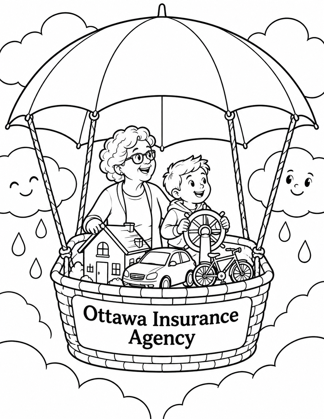 A boy pilots an umbrella airship carrying his grandmother safely above a playful rainstorm while their home, car, and bicycle sit below.