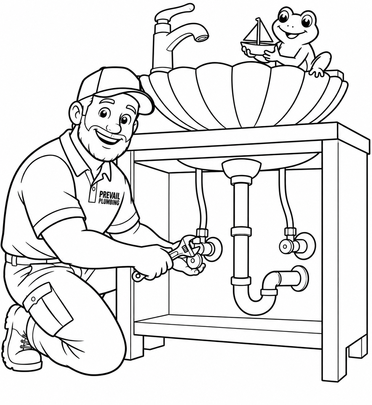 A plumber works under a seashell-shaped sink while a frog waits with a toy boat.