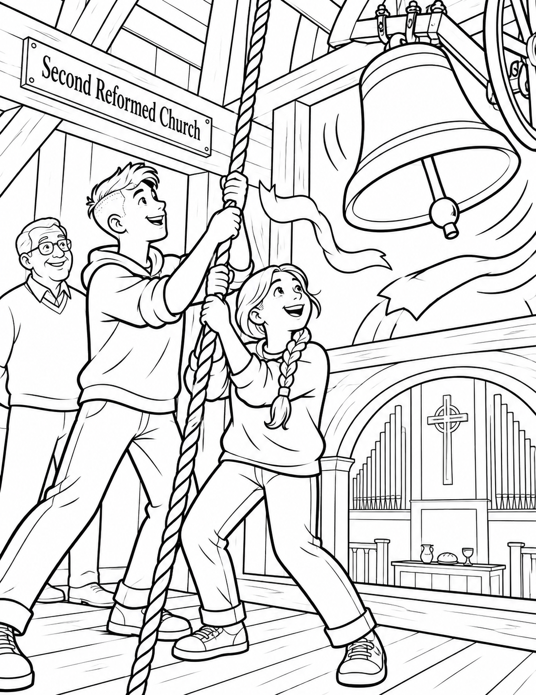 Two teens pull one broad bell rope together while an older adult watches; the visible bell swings and simple ribbon shapes echo the motion.