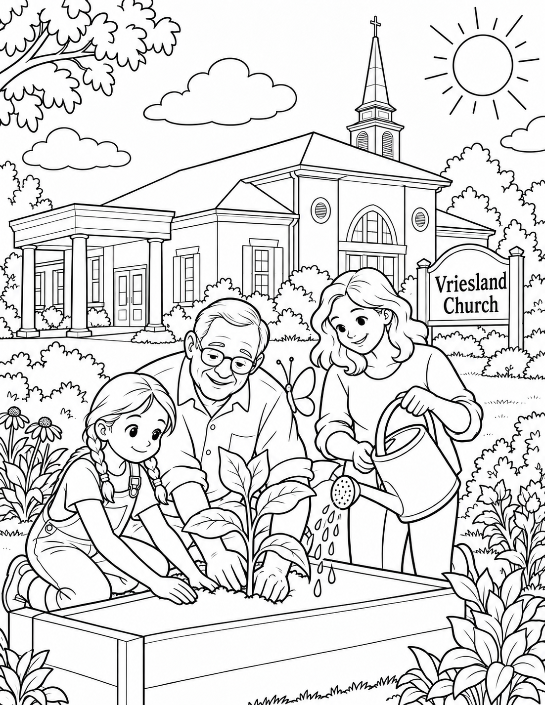 A braided child and glasses-wearing older man plant a seedling in a raised bed while a wavy-haired woman waters soil beside it; one butterfly hovers above the central leaves.