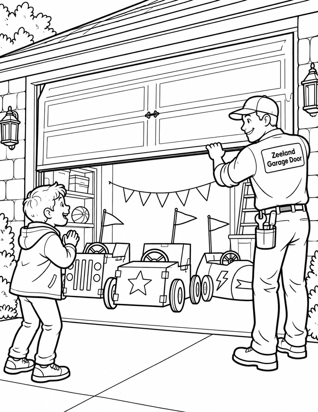 A capped worker lifts the garage-door lower edge while a side-facing child clasps hands in delight at three flagged cardboard racers inside.