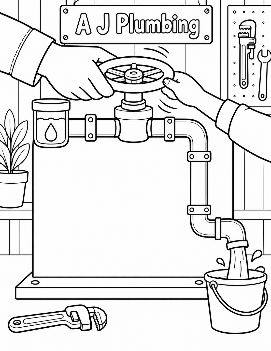 Two cuffed hands turn a large valve wheel, sending water along one connected pipe into a bucket. A left reservoir, clamped demonstration board and foreground wrench make the water route visible.
