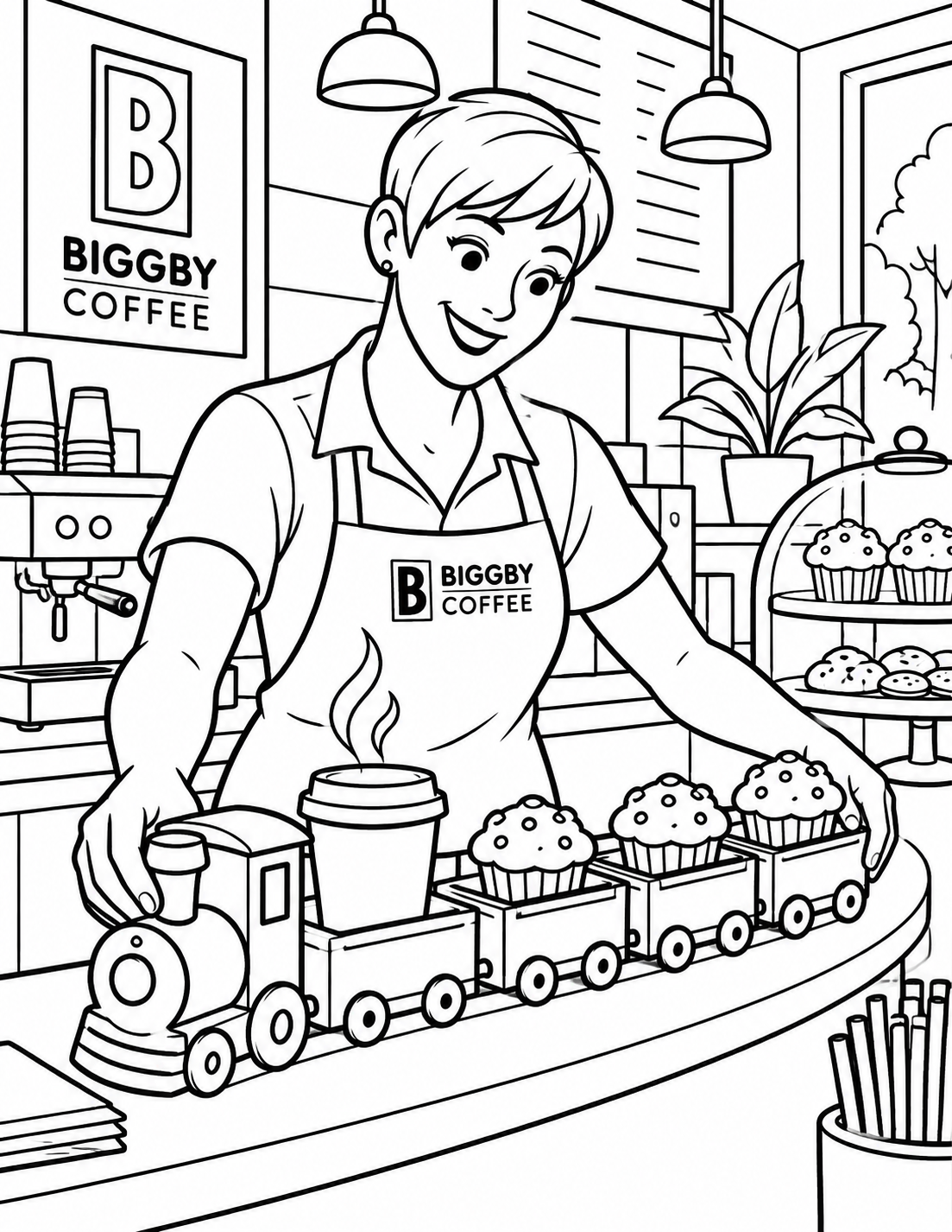 A barista guides a tray shaped like a simple train around the counter bend, carrying one cup and three supported muffin cars.