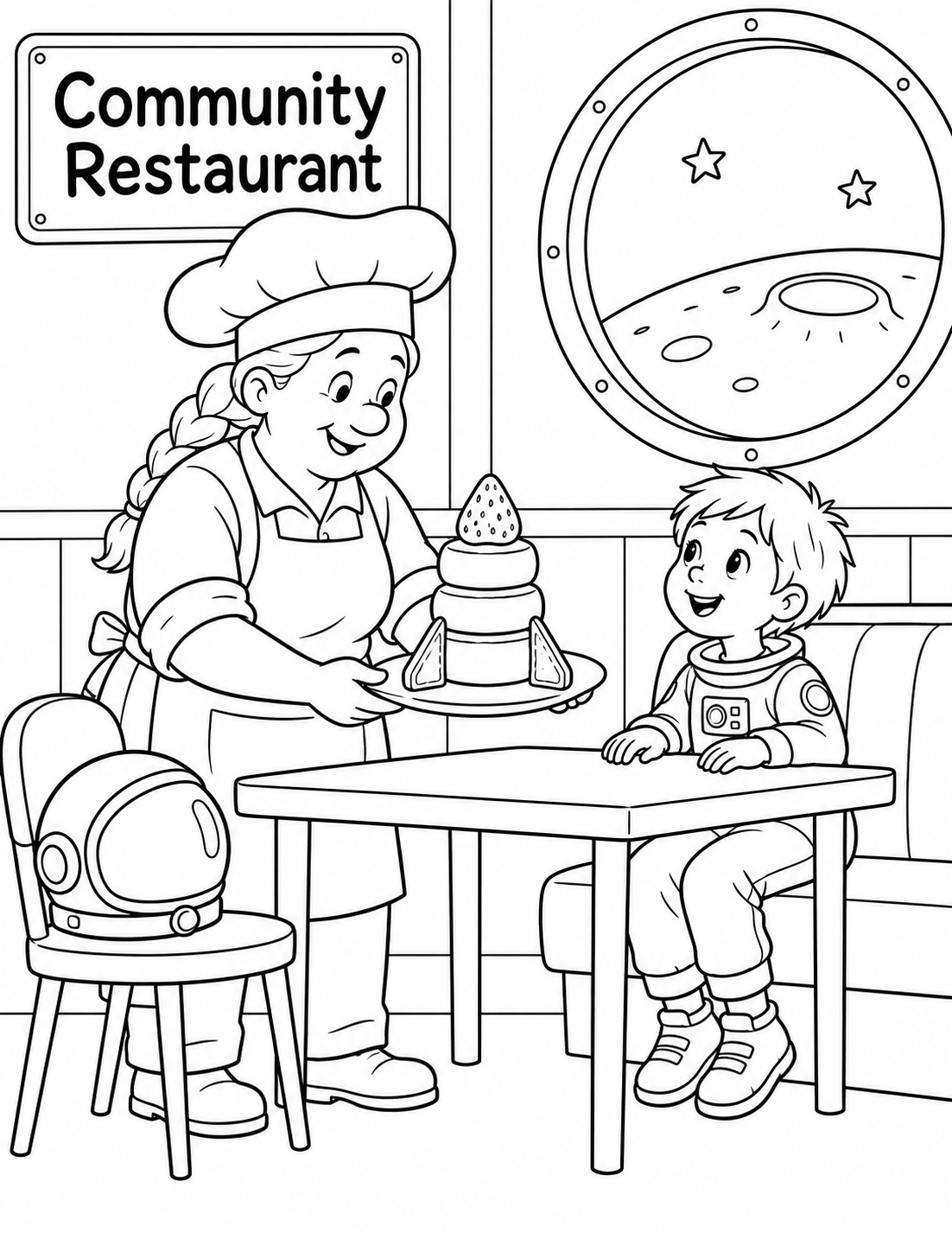 A chef serves an edible pancake rocket to a young astronaut in an imagined moon diner.