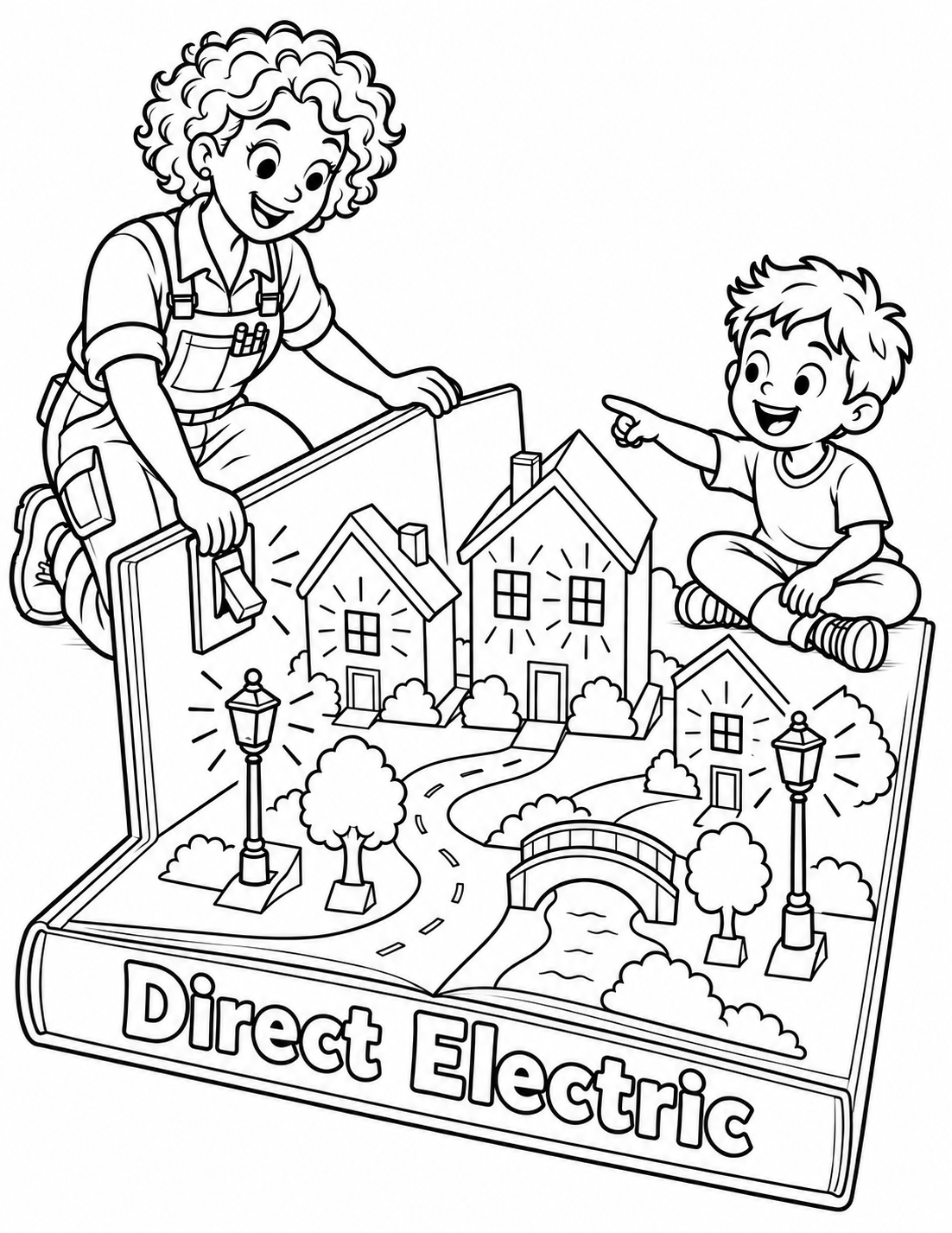A woman electrician opens a giant book and a bright miniature town rises from its pages while a child sits securely on the opposite page.