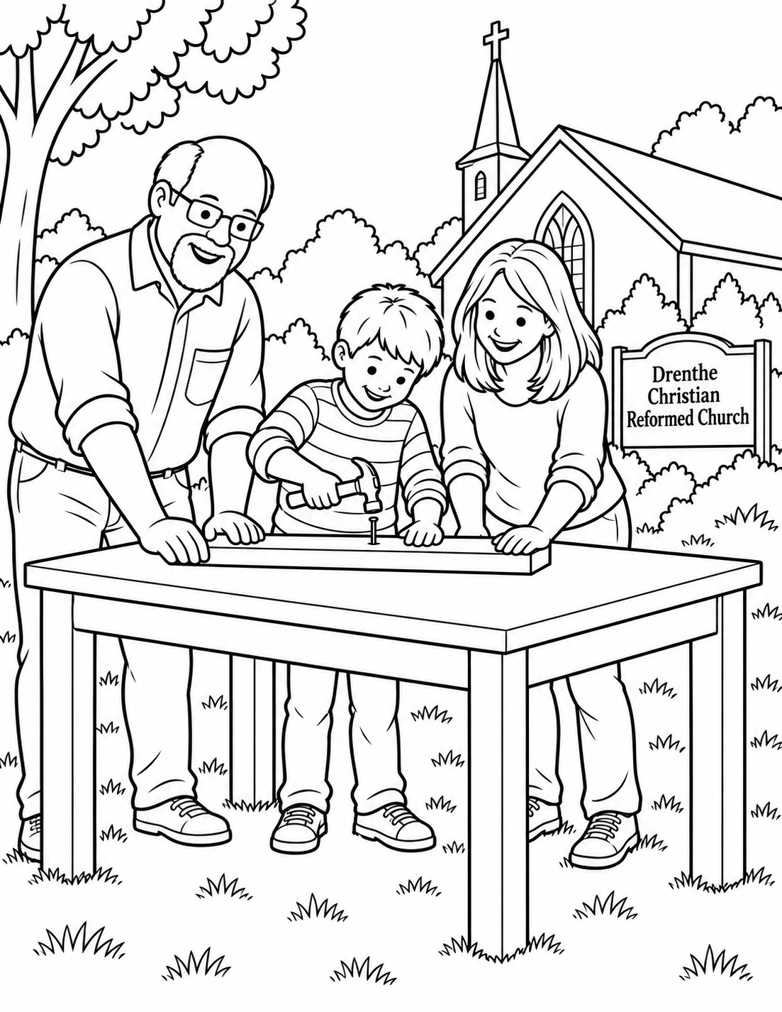 Two church adults help a boy hammer a nail into a board on a sturdy worktable.
