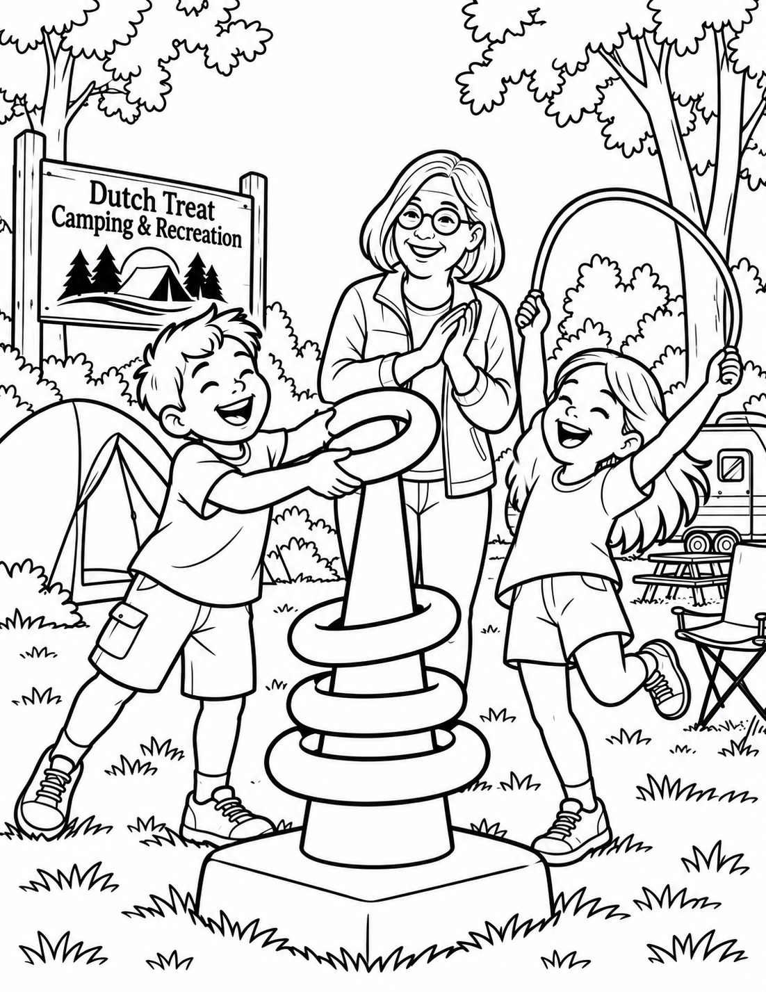 A boy completes a large ring-stacking game while an older woman cheers and a girl skips rope at a campground.
