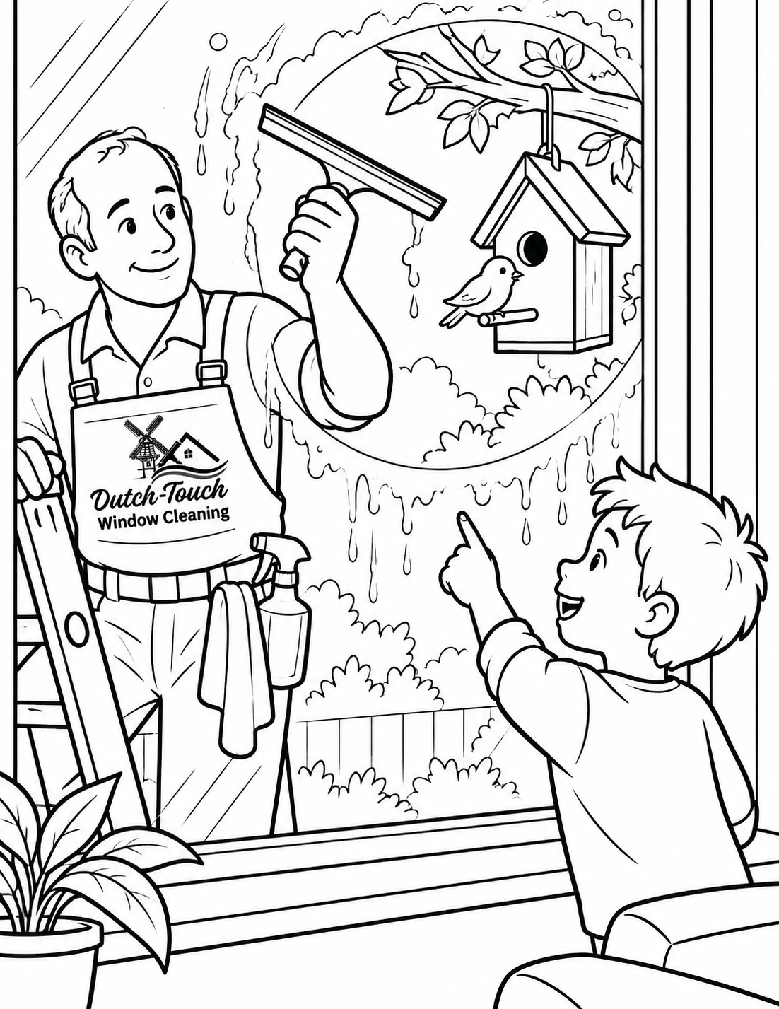 A worker clears one oversized circular section of a real window; through it, a child suddenly spots a large simple birdhouse outside.