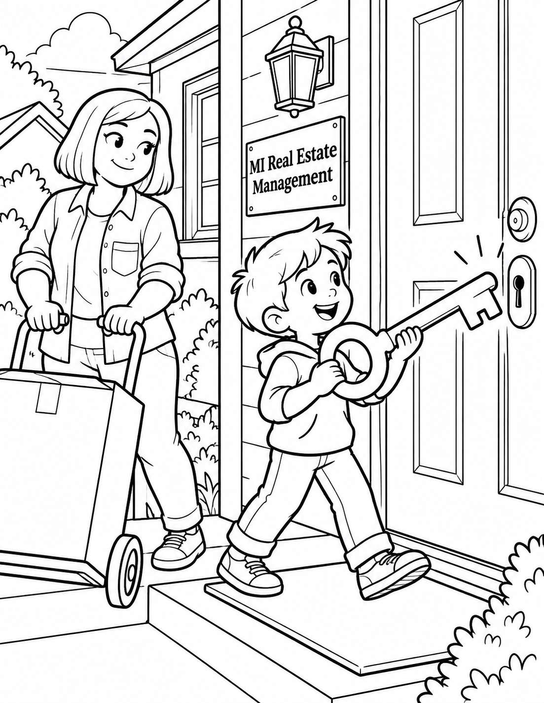 A child carries one comically large key toward a welcoming front door while an adult helper rolls a small moving box beside them.
