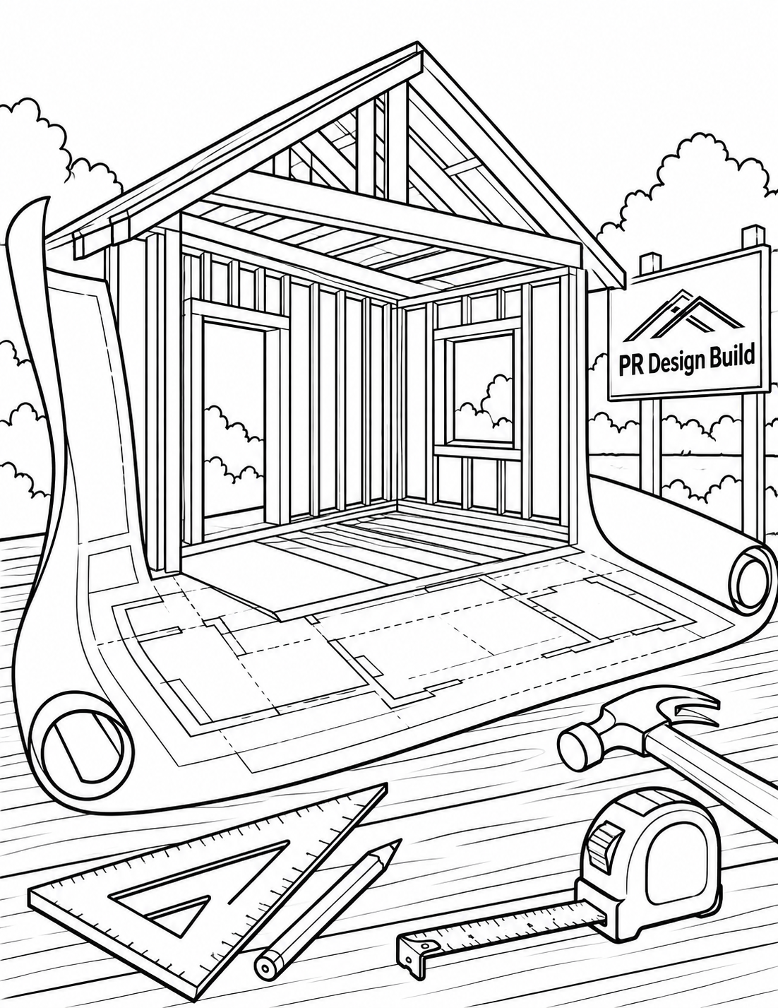 No people: one large blueprint curls upward into a coherent cutaway room with visible studs, doorway, window and roof support.