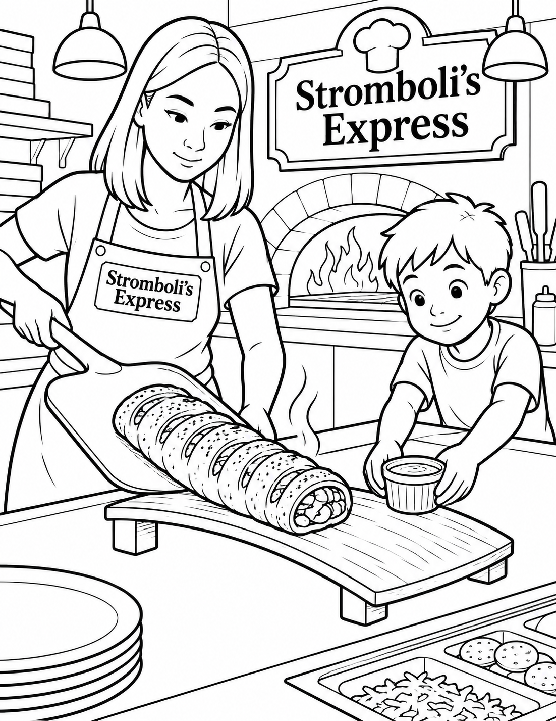 A worker slides one intact stromboli from a paddle onto a bridge-shaped serving board while a child sets the sauce cup at the far end.