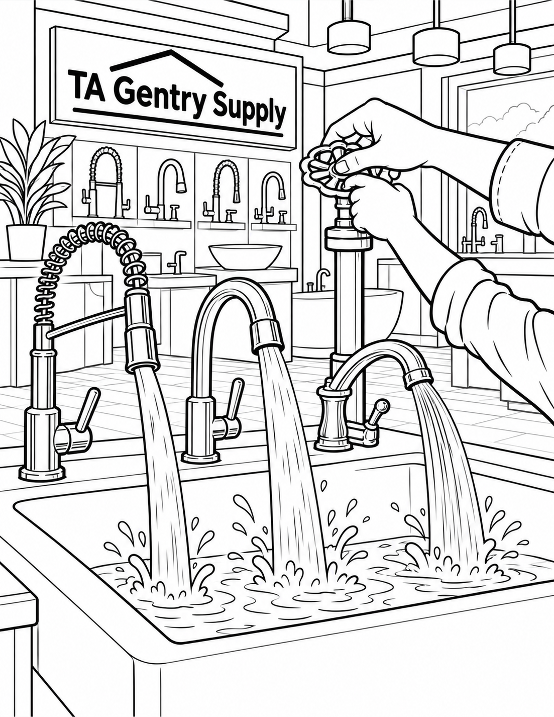Adult and child hands turn one supply valve; three showroom faucets release distinct broad arcs into one supported basin like a water orchestra.