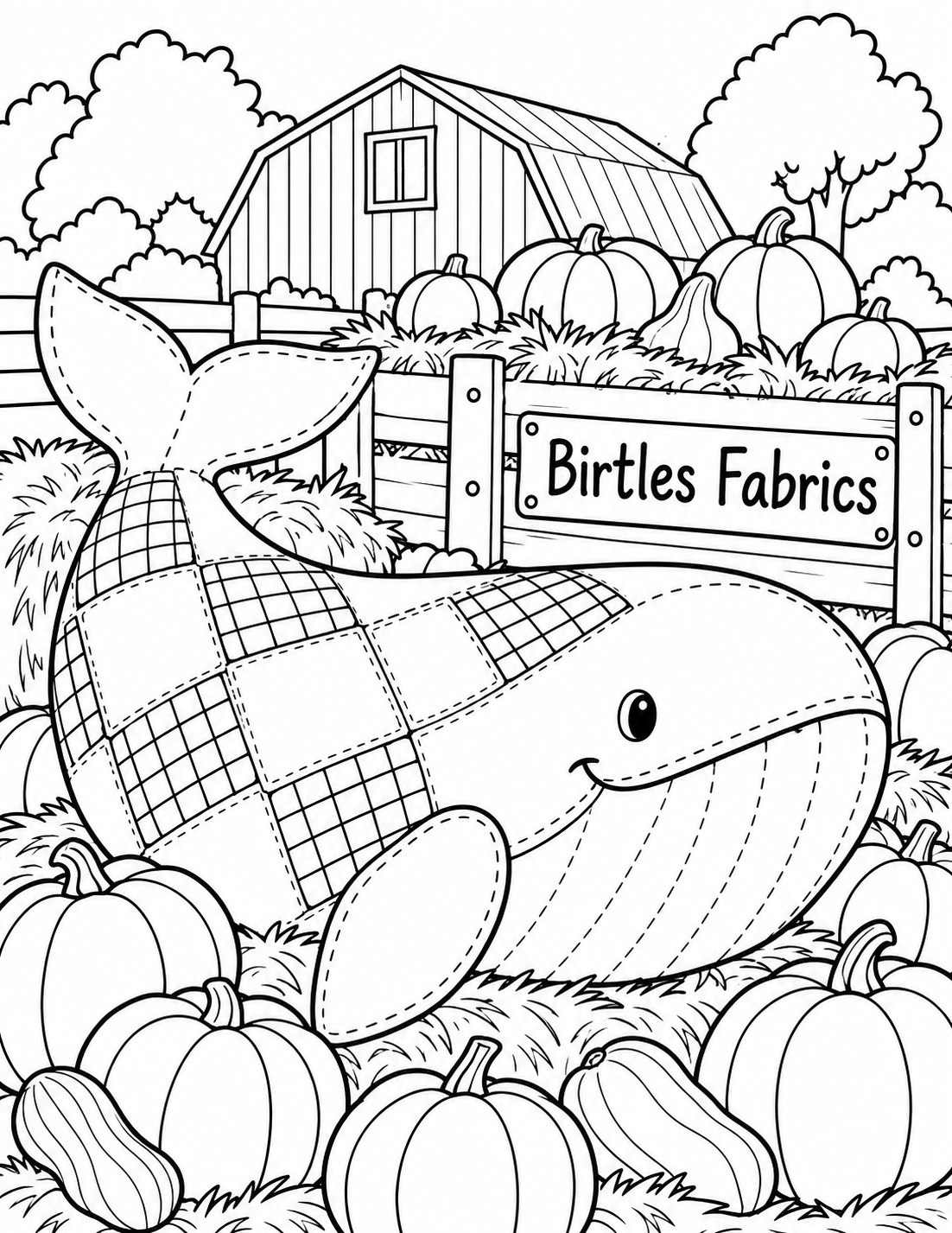 An imaginary soft whale assembled from a few large fabric pieces arches through the page; stitched seams remain sparse.