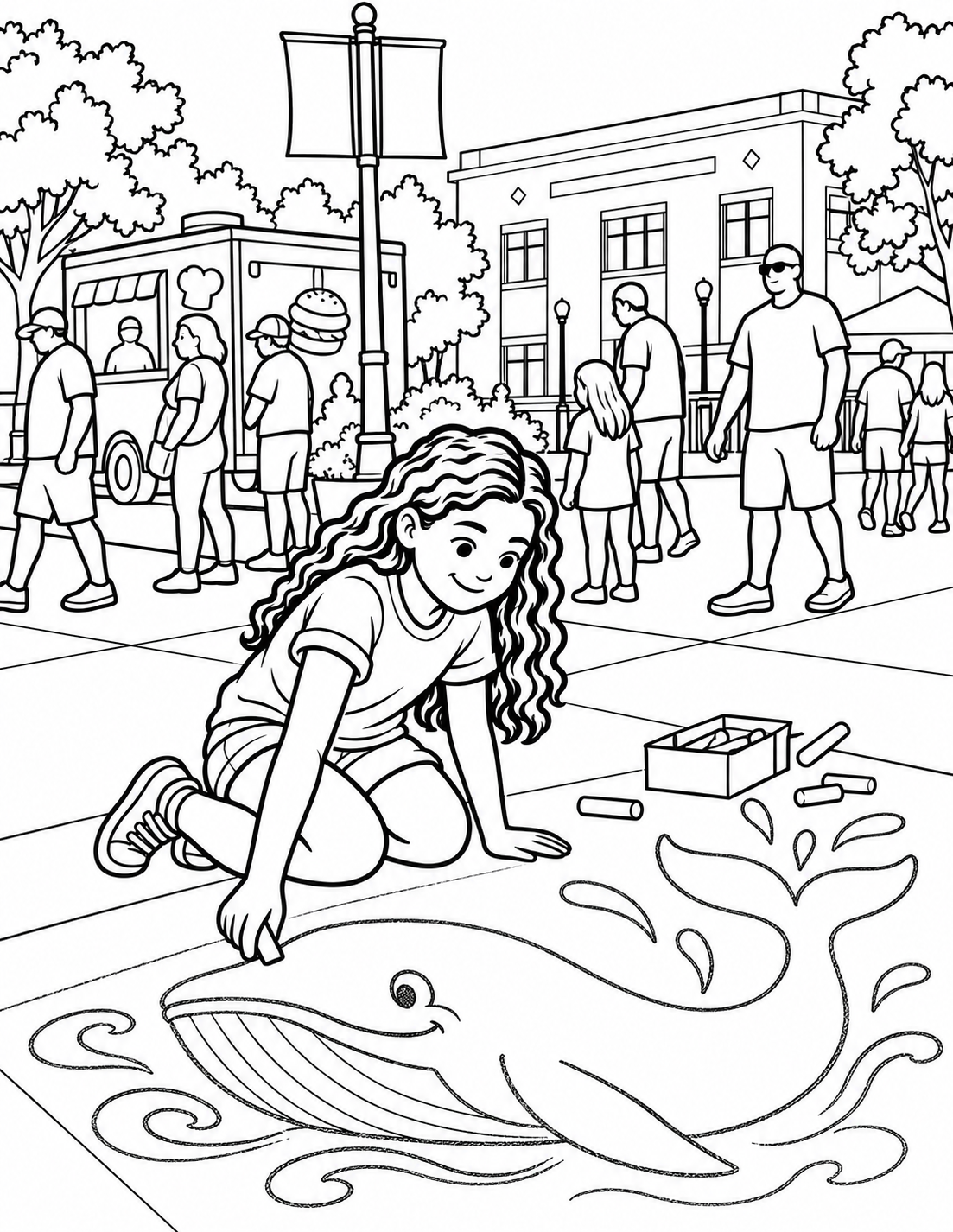 A child draws a broad whale whose nose playfully lifts from the pavement; actual chalk contact remains clear and no gray filled pavement.
