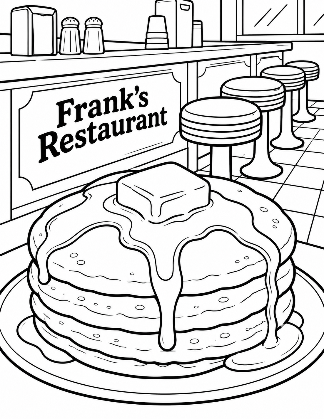 A generous stack of pancakes with a broad butter pat and a graceful syrup ribbon fills the page like a small breakfast hill; large clear food shapes.