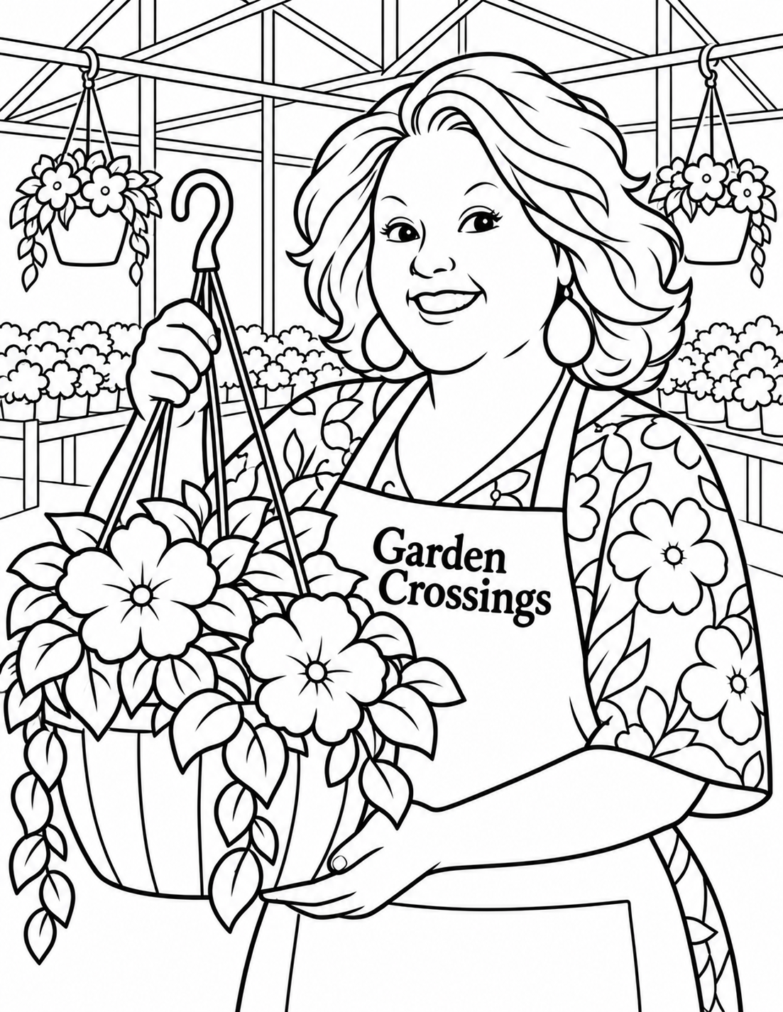 Fresh redraw in the photographed greenhouse. Show a waist-up, front three-quarter view of Heidi holding one large hanging flower basket at chest height, with connected straps rising to a visible hook. Use only a few broad flowers and leaves. Keep simplified greenhouse trusses and two small hanging baskets behind her. Put the exact text "Garden Crossings" once on her simple apron. The whole scene must look like friendly children’s coloring-book line art, not a converted photograph.