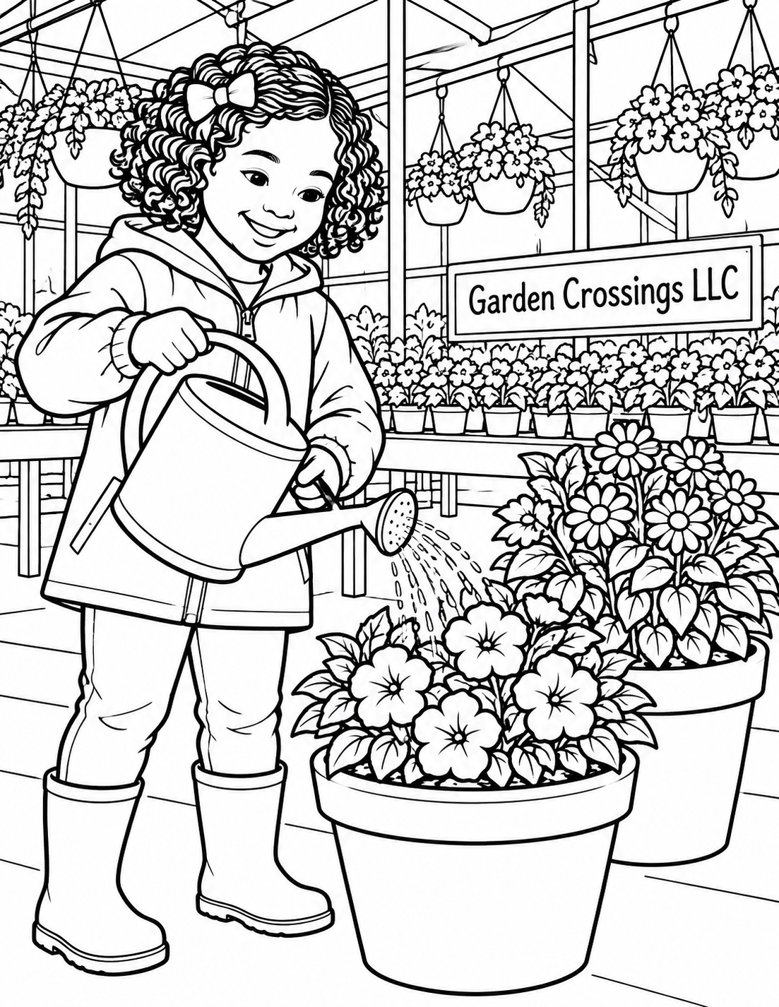 A child directs a watering can toward two large potted plants; water reaches the soil and the pot bases sit on the ground.