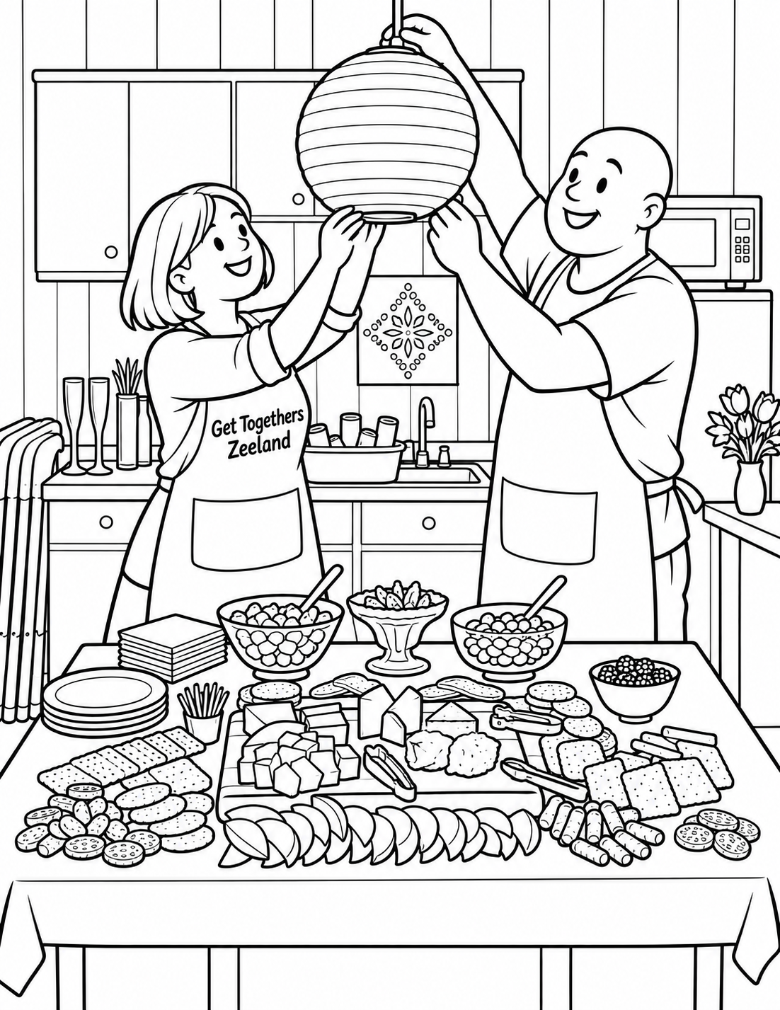 Two adults hang one large paper lantern above a party table; use actual room anchor only if a coherent current interior supports it.