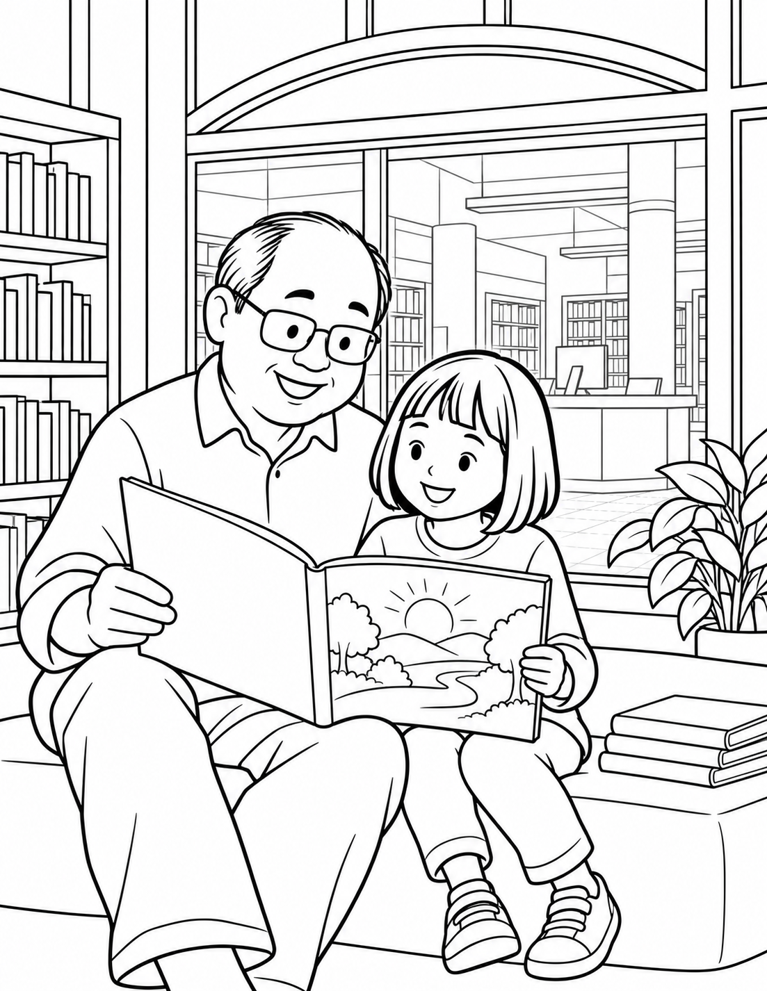 A child and grandparent share a large picture book beside a verified library window or in a clearly imagined nook.