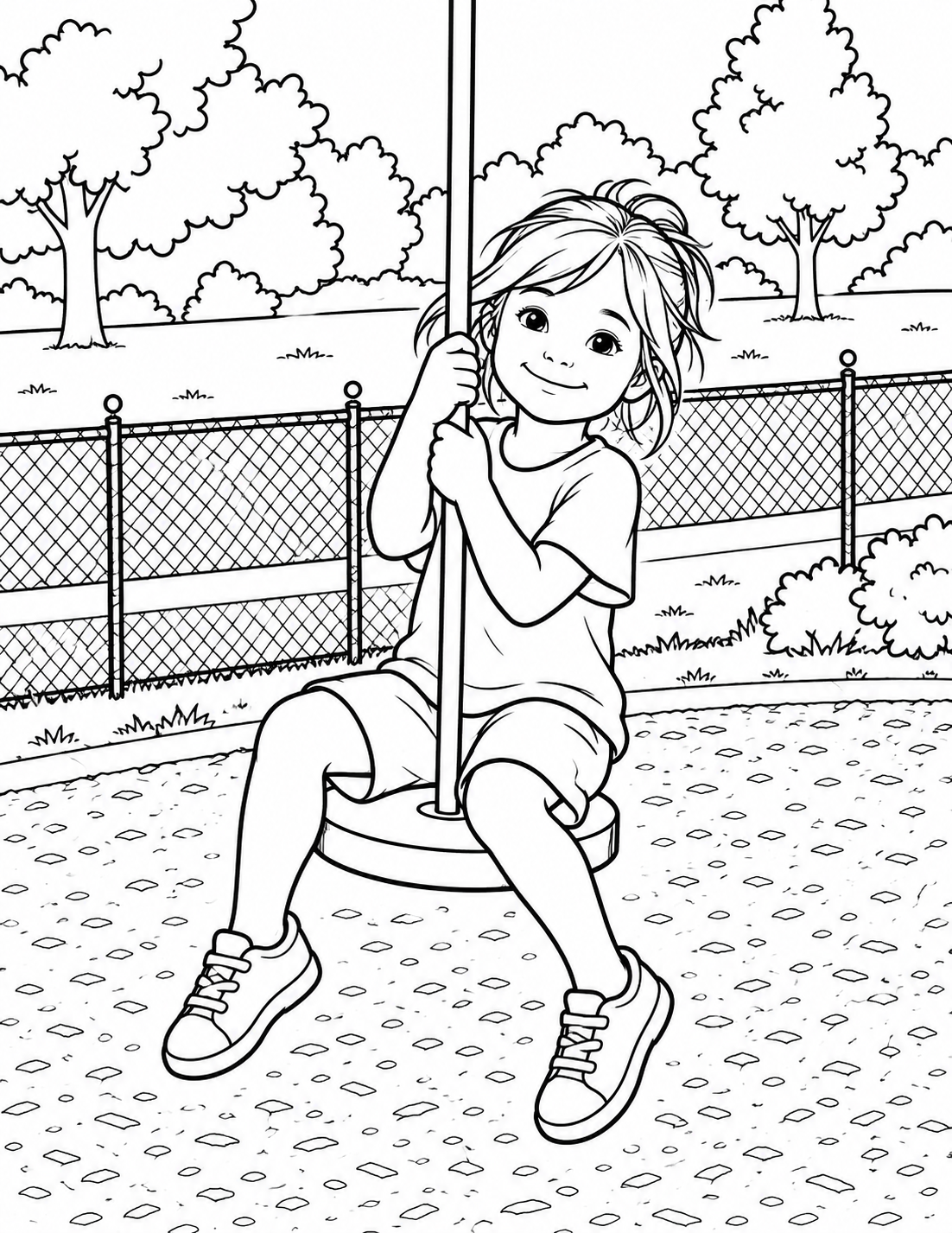 Fresh redraw at Huizenga Park from a front three-quarter angle. Show one invented elementary-age child riding the real central-rope disc swing. The child faces partly toward the viewer with a delighted closed-mouth smile, both hands gripping the single vertical rope above the seat. One bent leg appears on each side of the rope and both shoes are clear of the ground. The round disc seat supports the child but stays visually secondary. Use a loose T-shirt and loose knee-length shorts with minimal seams. Retain the fence, path and simple trees as quiet park context. The rope continues out the top edge. No rear view, no tight clothing, no contour cluster around private anatomy, no extra chains, no dangling knob, no invented top frame and no text.