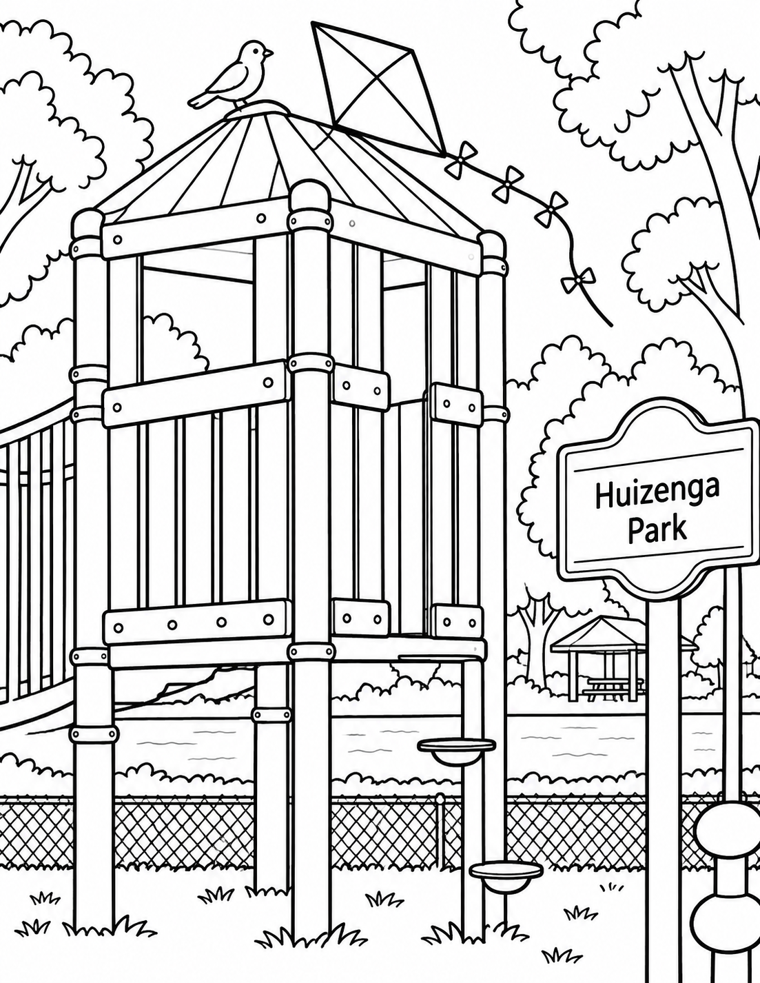 A broad kite catches gently against the verified play-tower roof while a bird watches; preserve current structure and do not recreate old TimberTown.