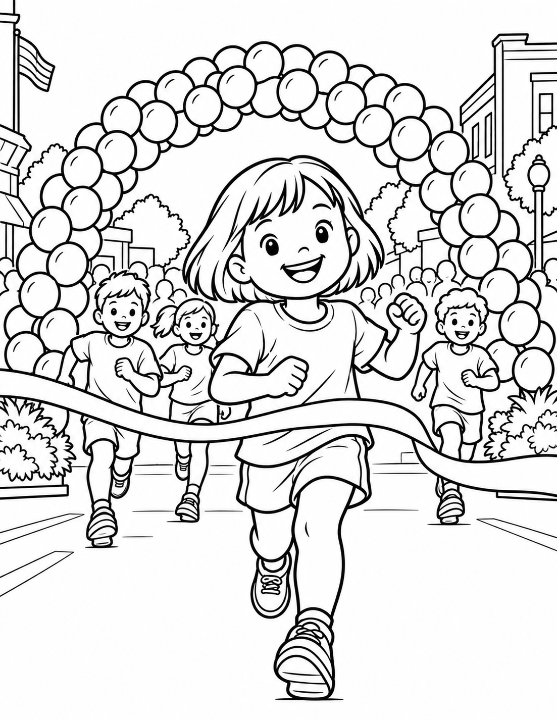 Show one invented young runner just after crossing the finish line, moving diagonally toward the viewer in a FRONT-THREE-QUARTER view. The child’s broad-cheeked smiling face, both hands and both shoes must be visible; do not use a rear or over-the-shoulder view. Put the photographed balloon race arch behind the child and preserve the Little Zoomers running activity. Show no bicycle or wheeled event.