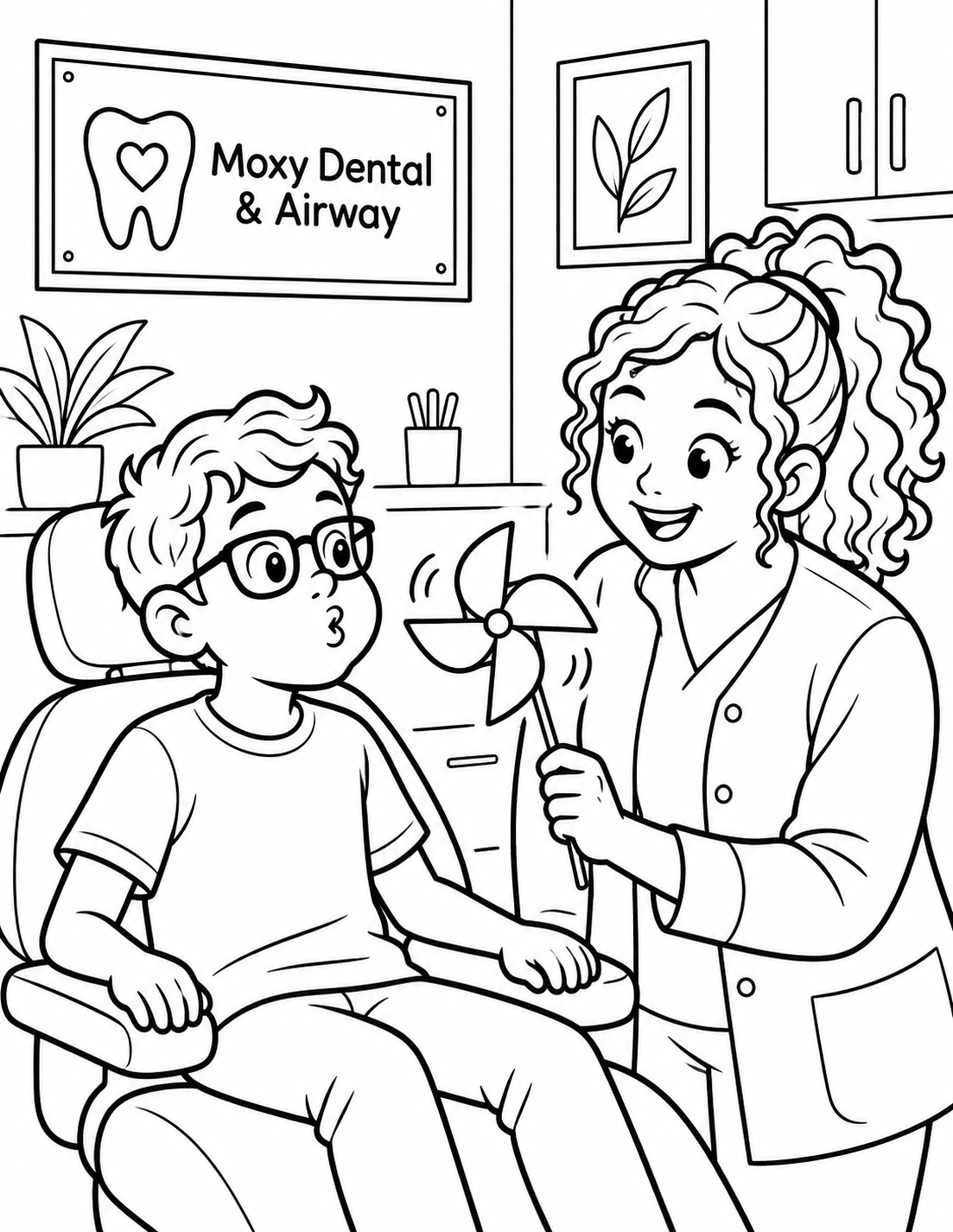 Inside a simplified treatment room grounded by the Moxy Dental & Airway references, an invented older child sits upright in a dental chair and blows one steady breath toward a large pinwheel held by a friendly invented dental worker. The spinning pinwheel is the clear playful payoff, with four broad blades and two short motion marks. Both faces appear in front-three-quarter view; the child's cheeks are gently puffed, hands rest visibly on the chair arms, and the worker holds only the pinwheel. Show no mirror and no tool inside or near the child's mouth. Put the exact text "Moxy Dental & Airway" once on a natural wall plaque. Do not add other lettering.