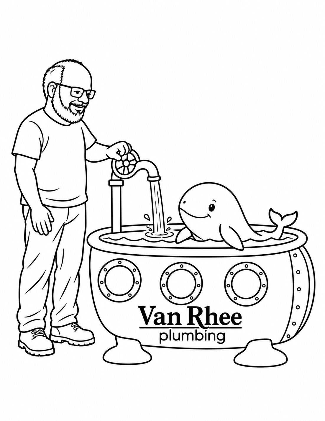 Adult staff Ed turns the tap toward a smiling whale in a fully inset submarine-like bathtub.