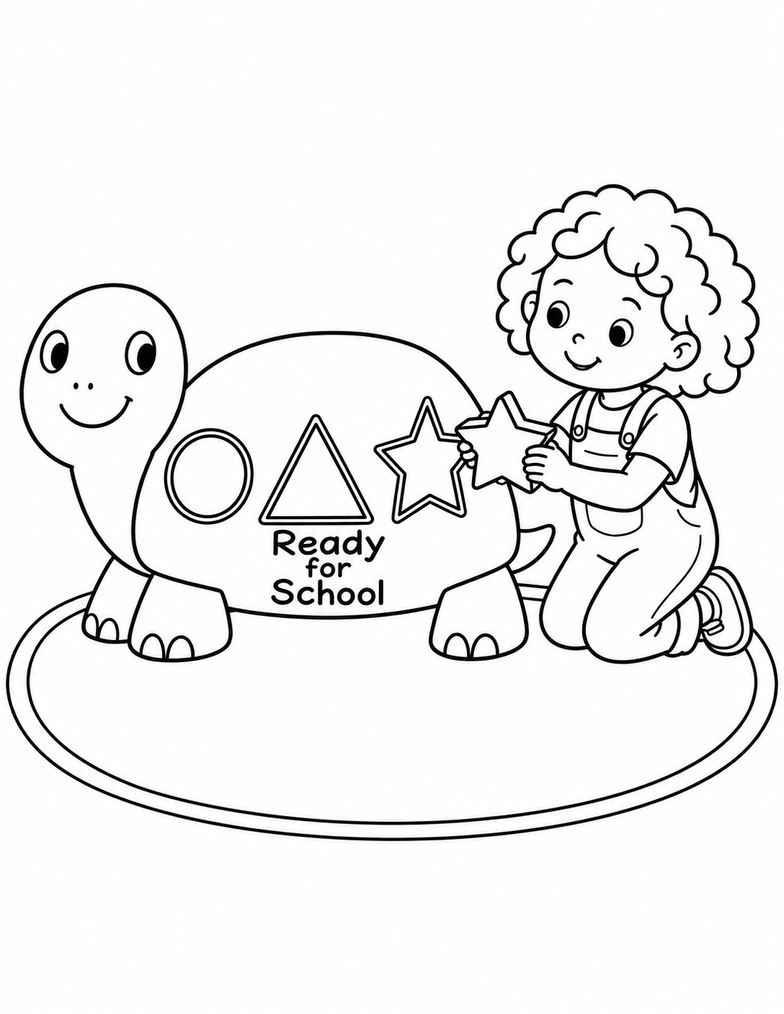 A kneeling child holds a star block beside a friendly toy turtle’s matching recess, with a small Ready for School name on its shell.