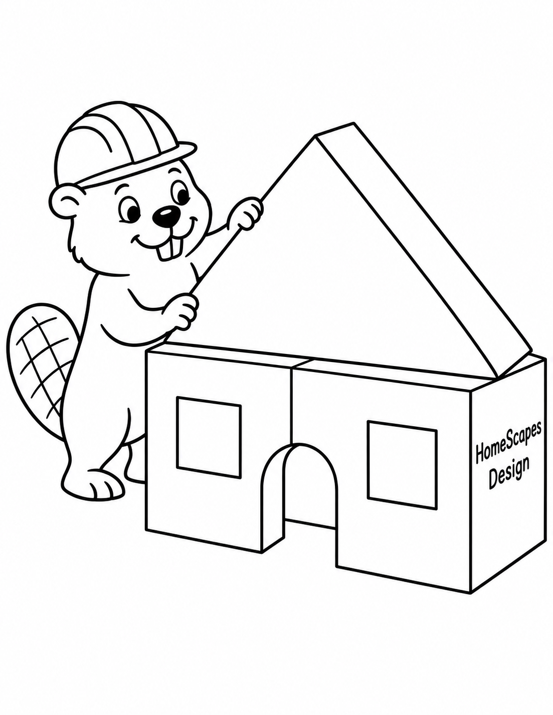 A friendly beaver builder positions the last roof block on a simple toy house.