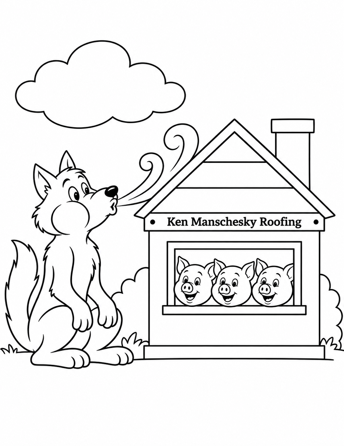 A wolf puffs at a sturdy front-gabled house while three smiling piglets watch.