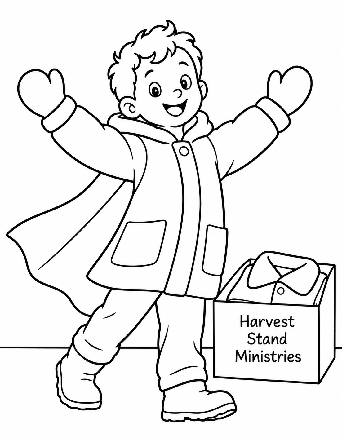 A delighted child celebrates a warm coat like a superhero cape beside a box of clothing.