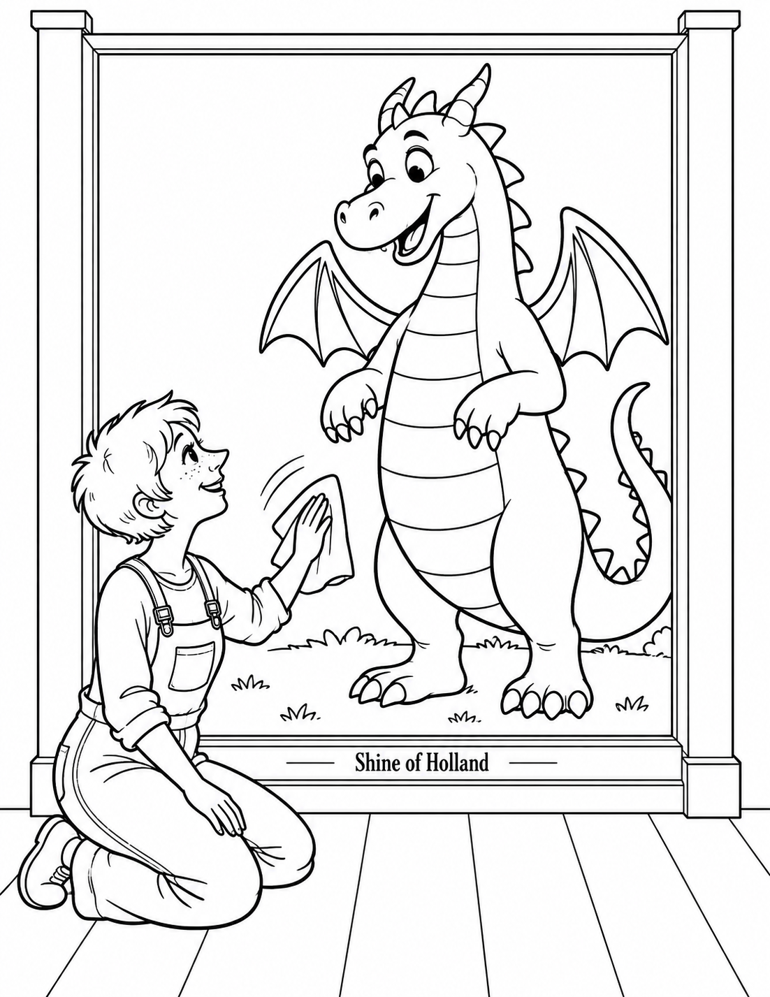 A kneeling woman cleans a large window and discovers a smiling dragon standing outside.