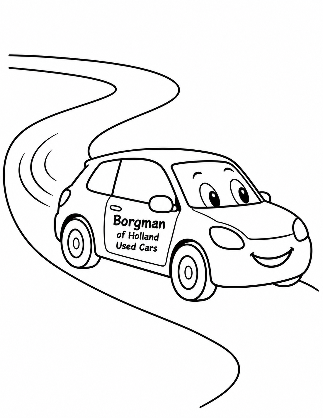 A smiling hatchback follows a broad winding road with motion marks behind it.