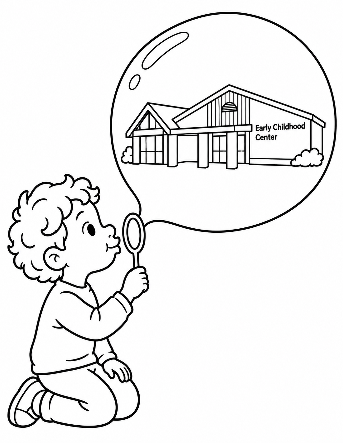 A kneeling child blows a giant bubble containing a small Early Childhood Center building.