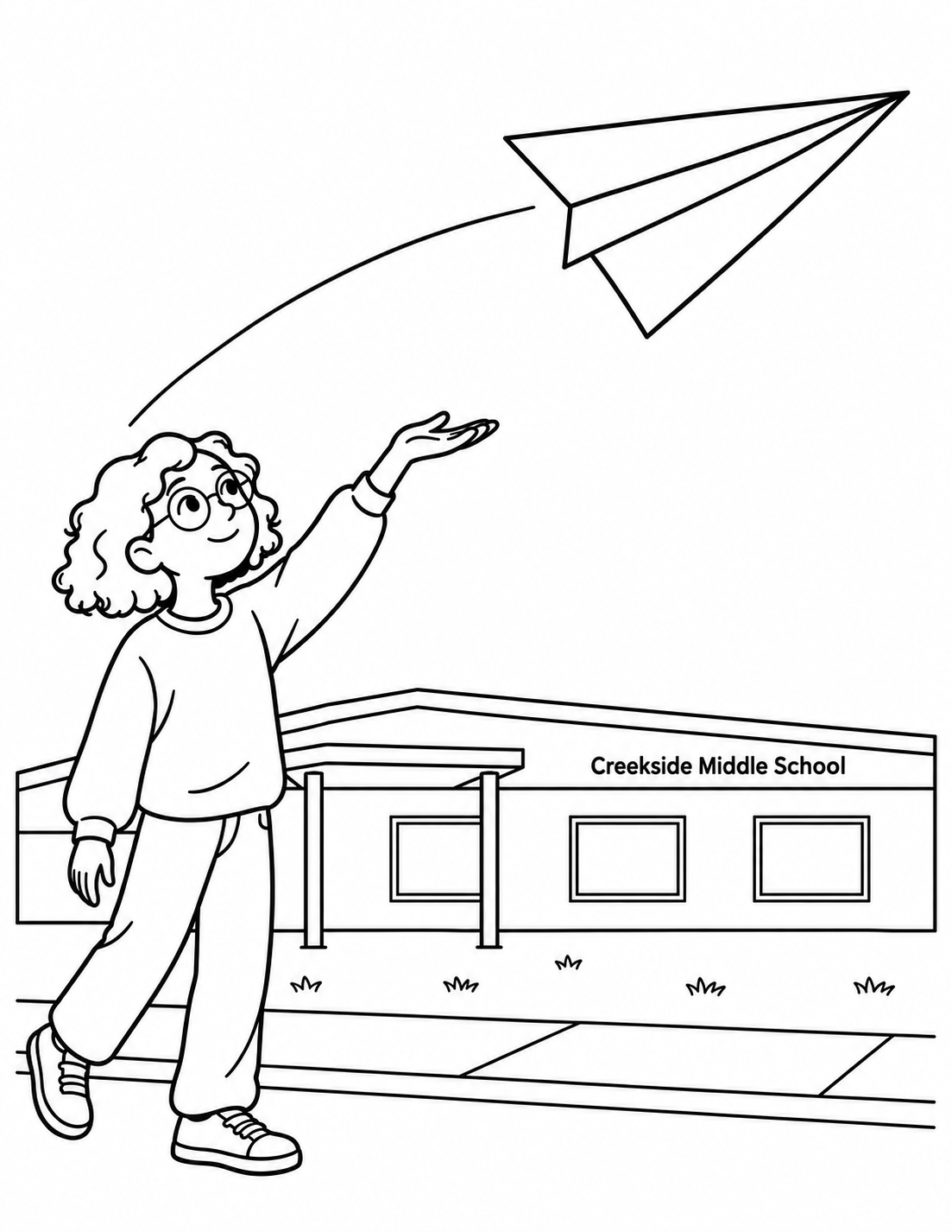 A girl launches an oversized folded-paper airplane beside a school illustration.