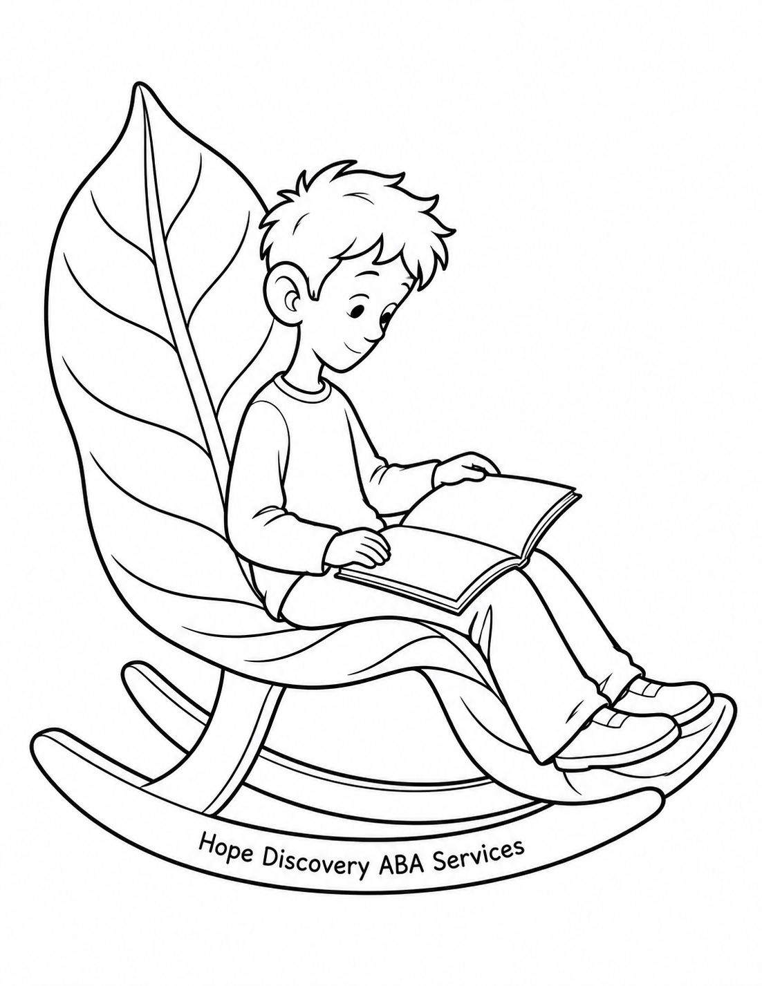 A boy reads on a giant leaf rocker with his shoes supported on its curled footrest.