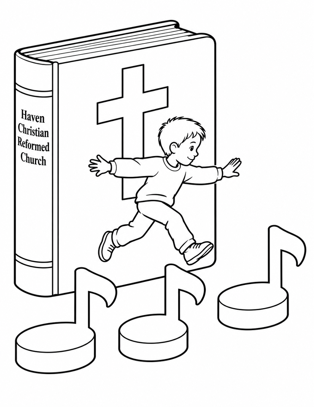 A boy leaps over giant musical-note stepping stones beside a cross-marked church book.
