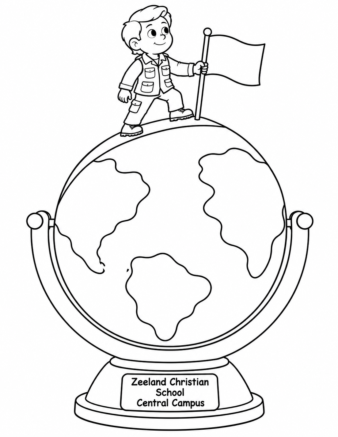 A tiny explorer plants a blank flag while standing on a giant supported toy globe.
