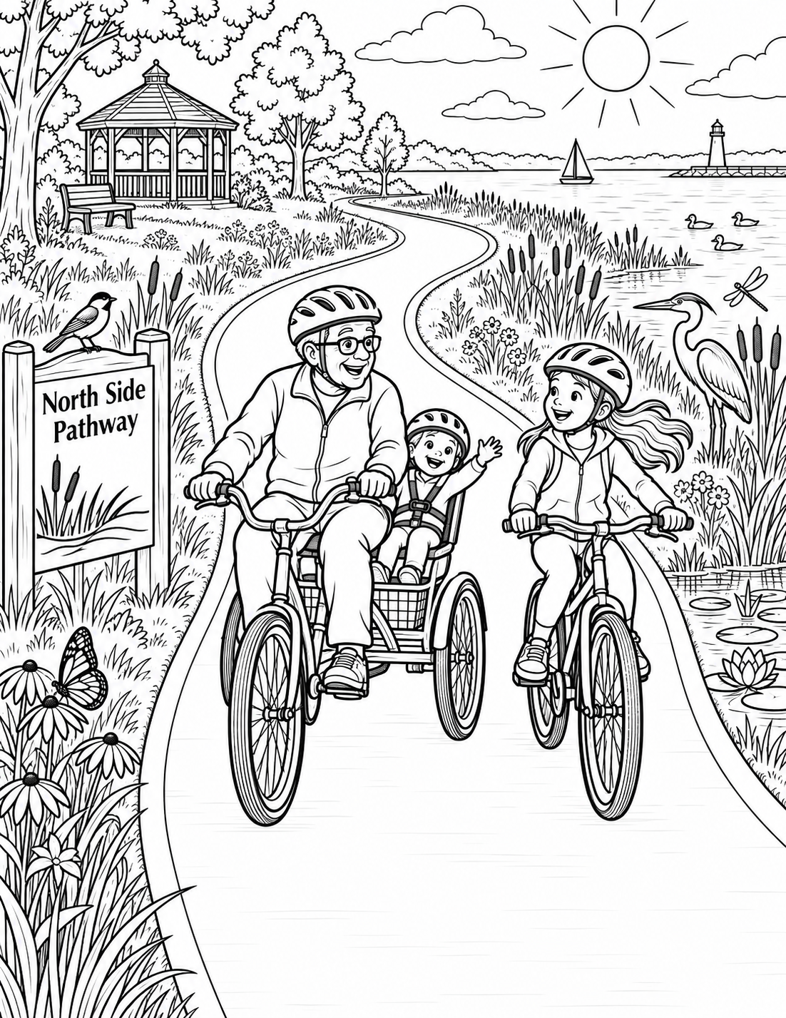 A grandparent, small passenger, and older child ride one continuous, consistent-width wetland trail past Zeeland-area wildlife.