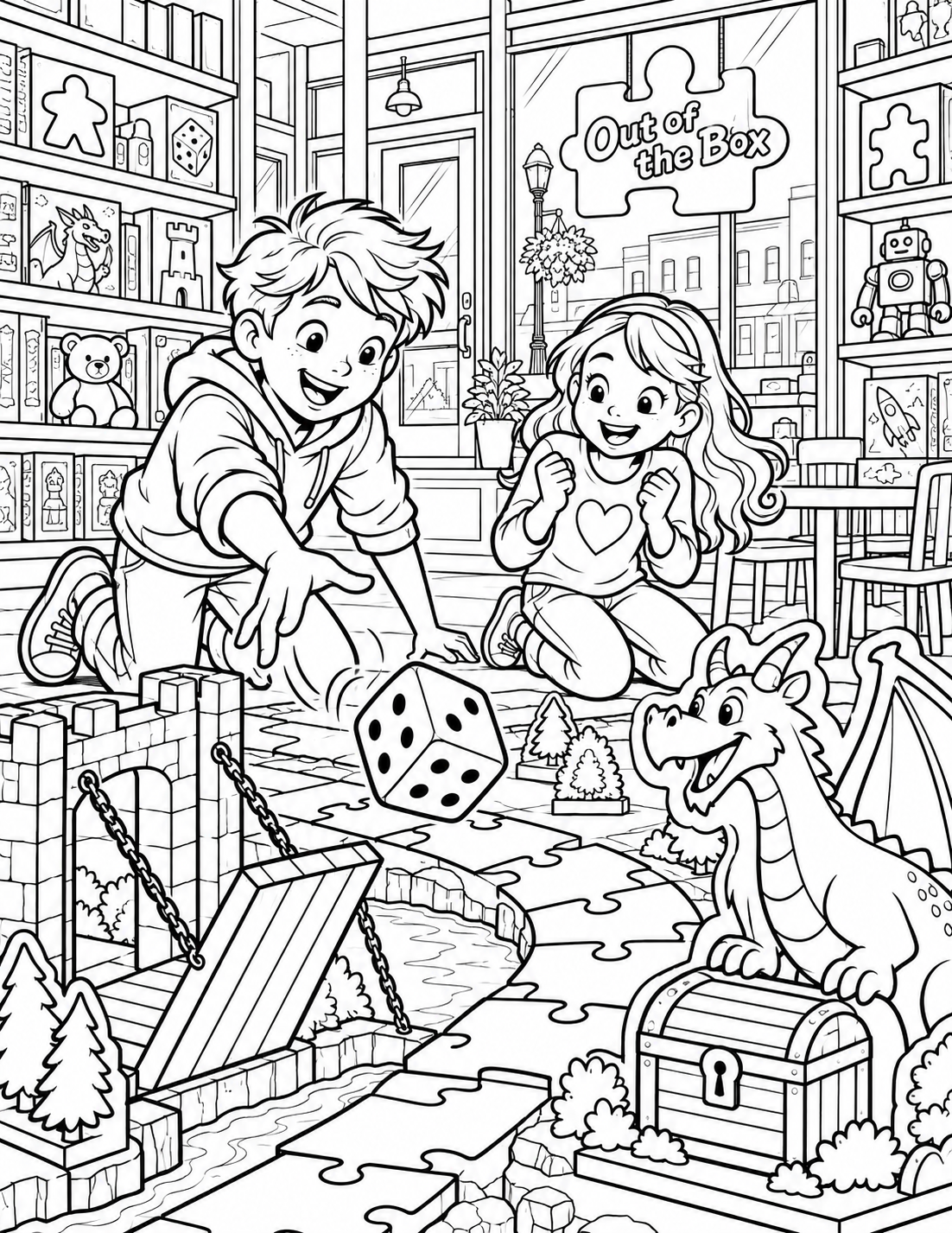 Children travel through an oversized tabletop game, rolling a giant die and following a treasure path through recognizable toys.