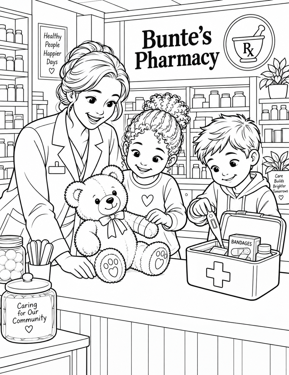 A pharmacist and two children care for a stuffed bear and organize a first-aid kit without any held paper.