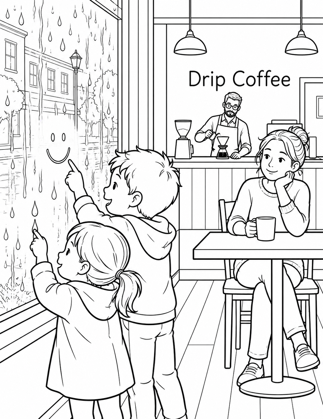 Two children make rainy-window art from one café table while a parent and barista occupy coherent working positions.