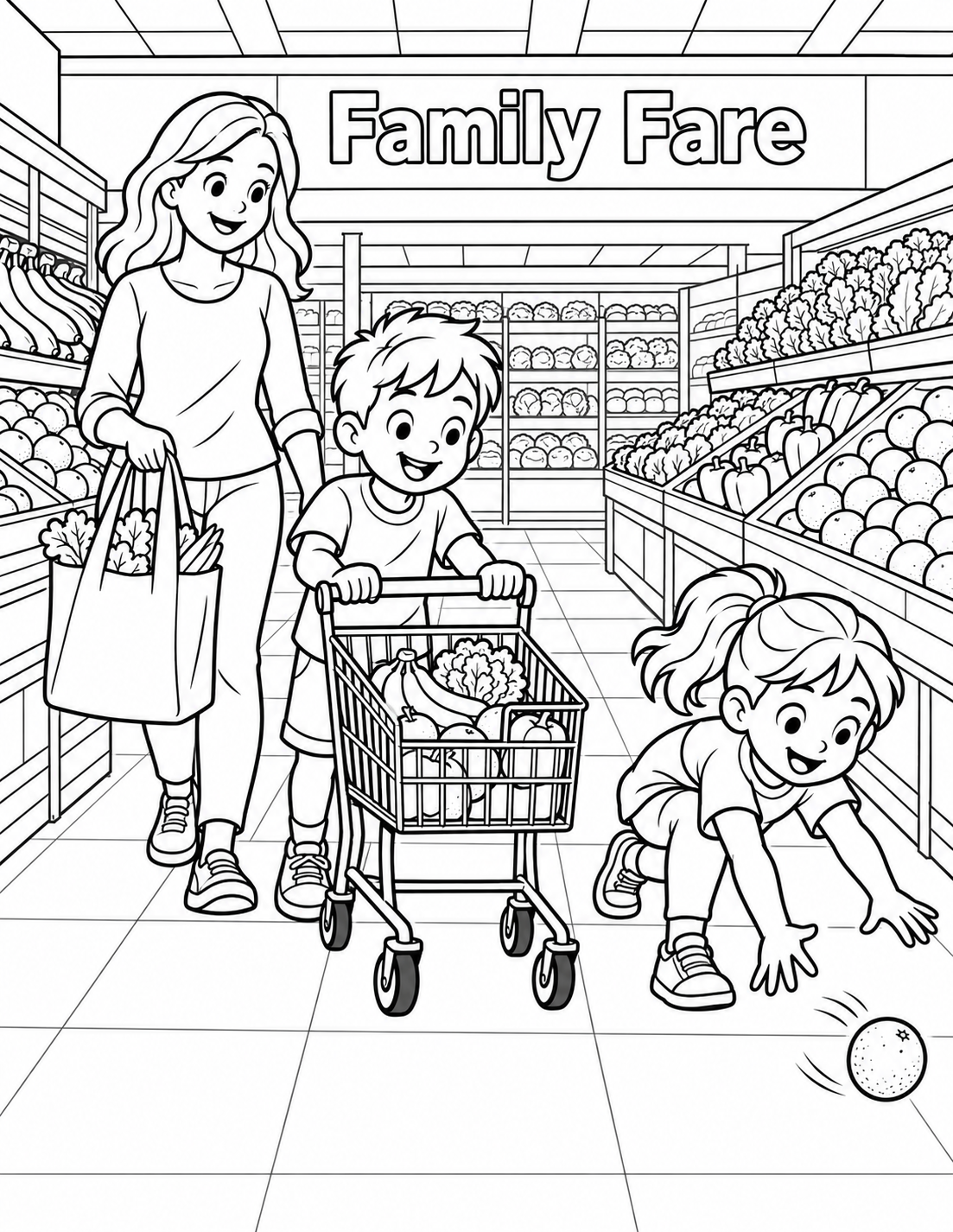 A child steers a small grocery cart while a sibling catches one rolling orange in a coherent produce aisle.