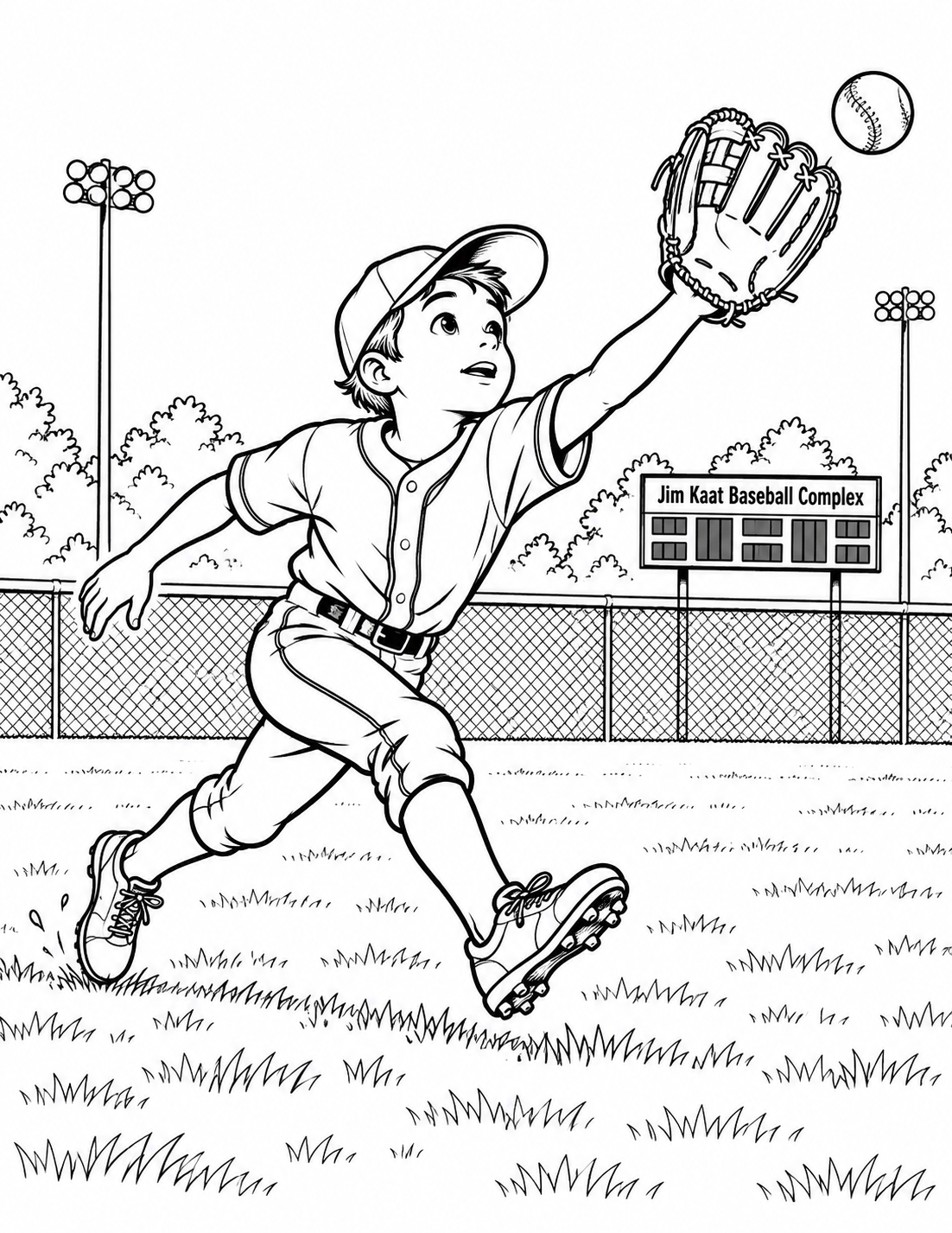 One child outfielder reaches for a single ball inches from the glove during a believable running catch.