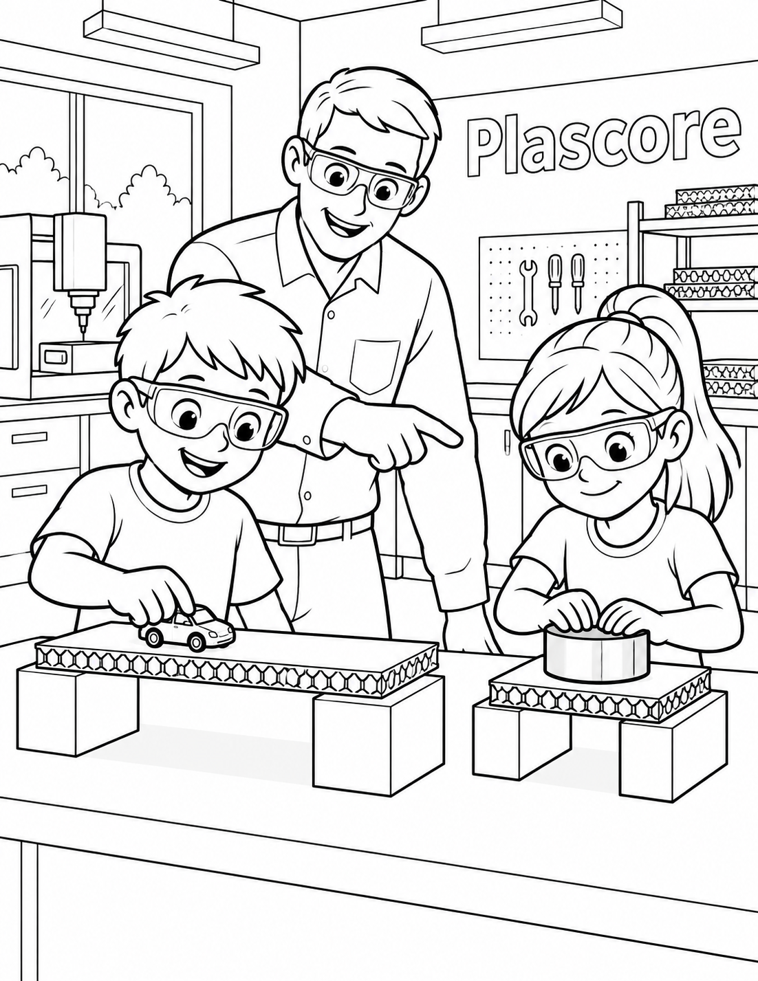 Children test supported honeycomb bridge panels with a toy car and a round weight, without ambiguous handles.